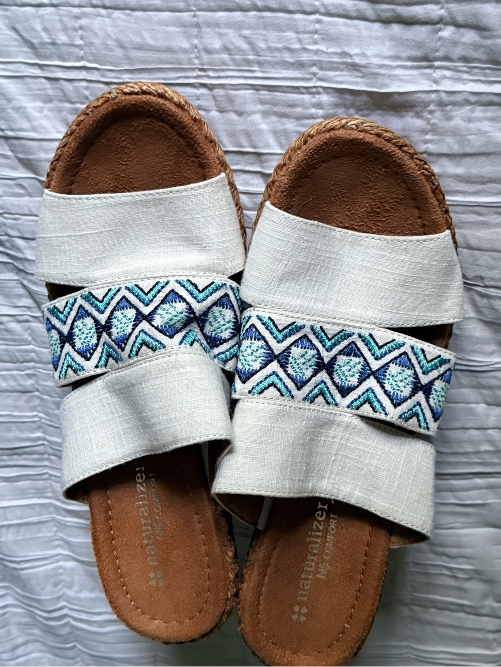 Naturalizer White Slide Sandals with Blue and Teal Embroidered Strap - Picture 1 of 7